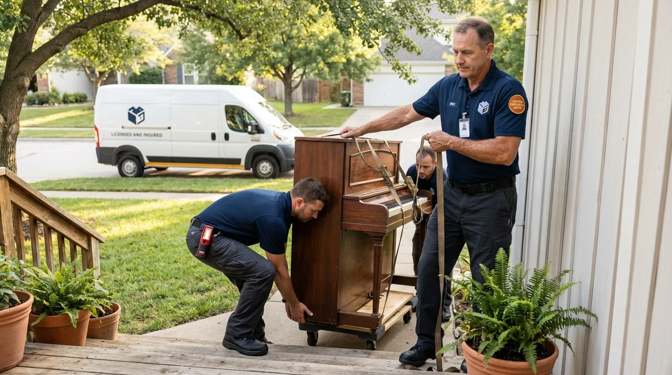 Licensed piano movers securing grand piano in Williamstown, VT