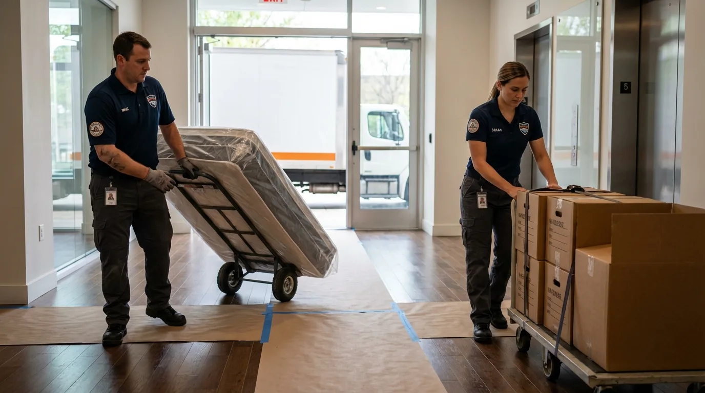 Professional apartment movers loading elevator in Williamstown, VT