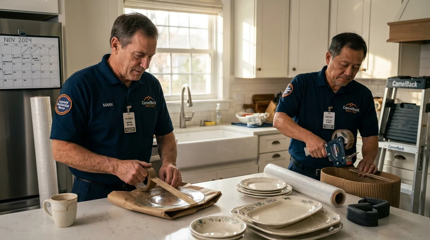 Professional crew packing kitchen dishware in Williamstown, VT